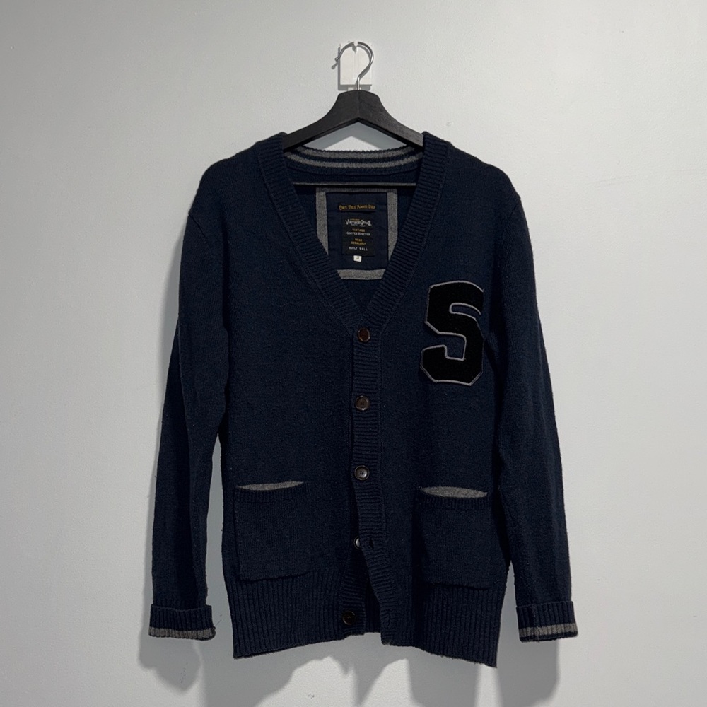 Men's Navy Button-Front Cardigan Sweater with Patch 5